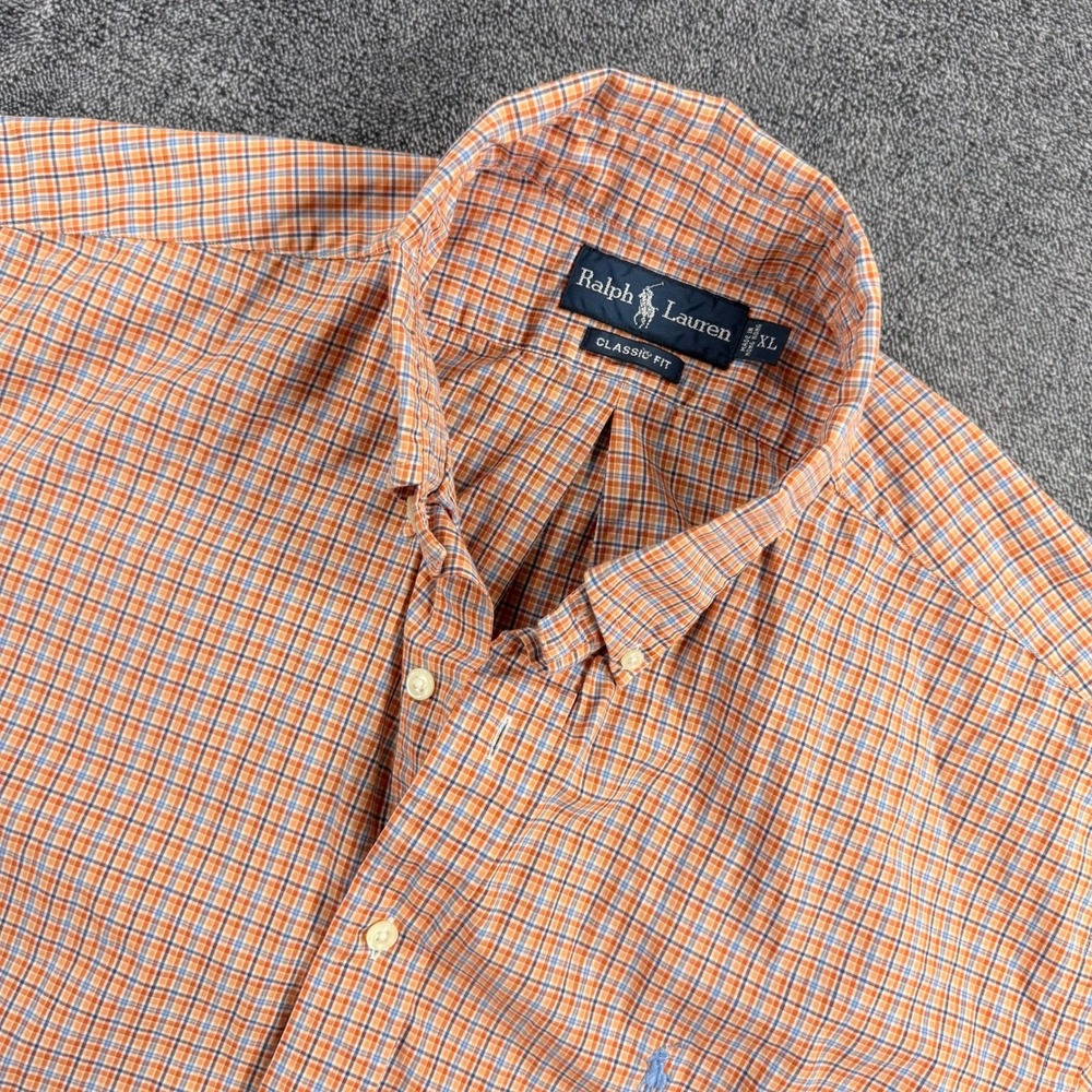 Ralph Lauren Mens XL Classic Fit Short Sleeve Plaid Button Down Shirt Orange